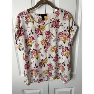 FOREVER 21 Blouse M White Pink Floral Crane Print